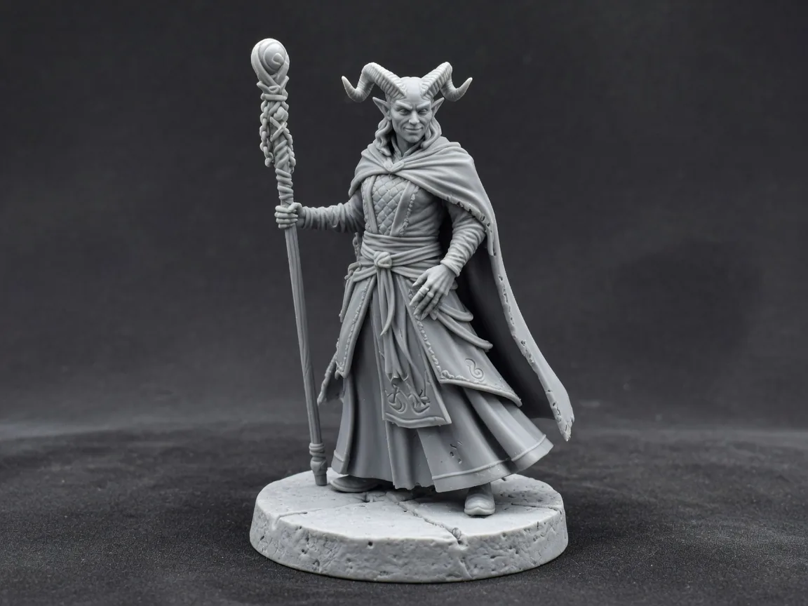 Unpainted gray miniature of a horned spellcaster with a staff