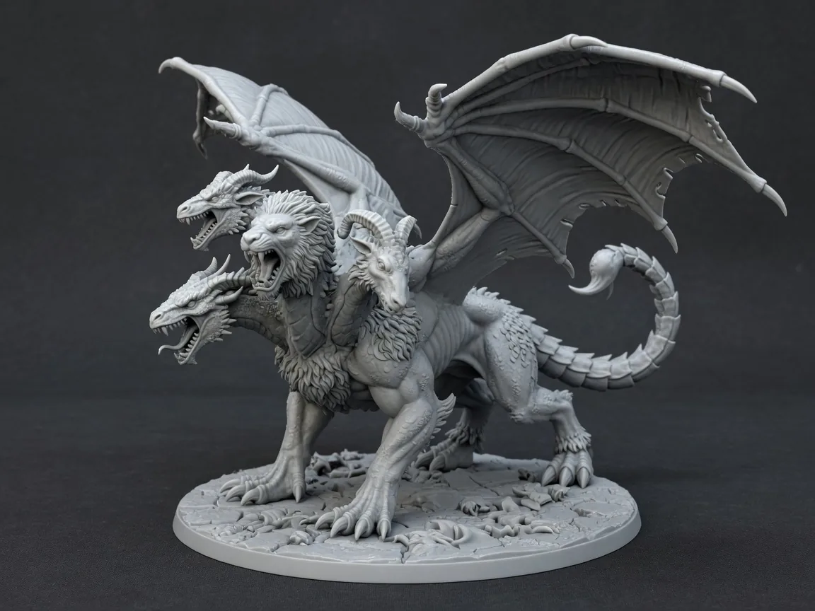 Unpainted gray miniature of a multi-headed winged chimera on a round base