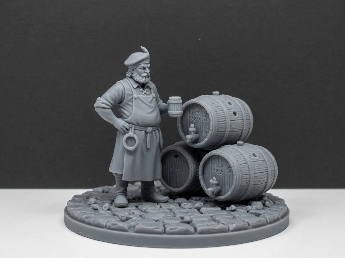 Unpainted gray miniature of a tavern keeper beside ale barrels on a cobblestone base