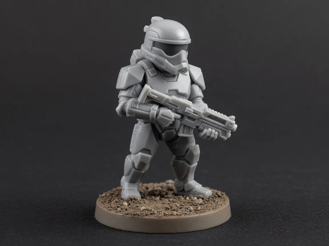 Unpainted gray miniature of an original armored trooper with a rifle